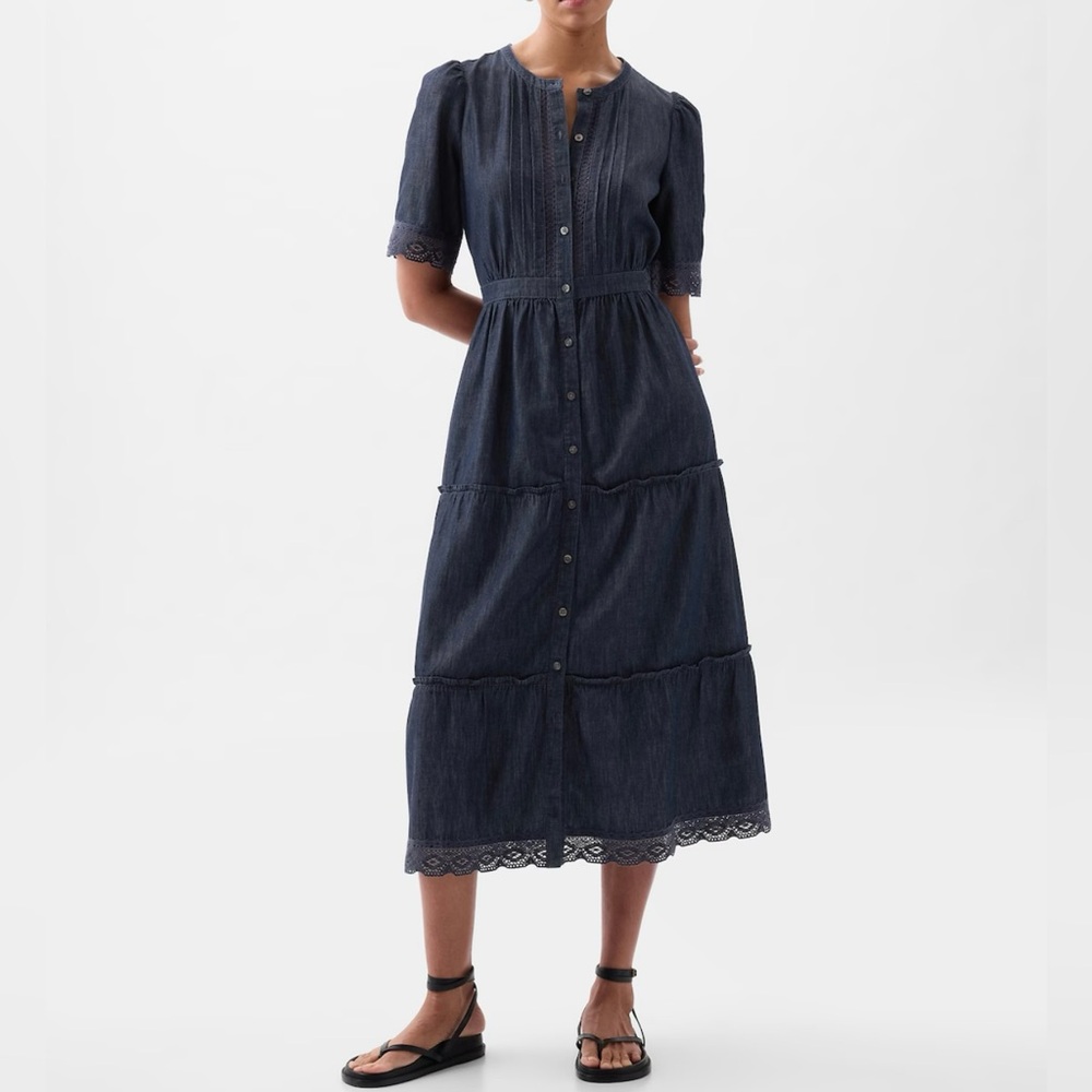NWT GAP Women’s Dark Denim Lace Midi Dress Size Petite Medium